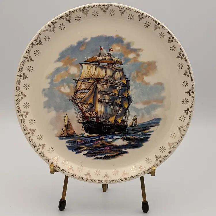 Vintage Sailing Ship Vessel Schooner Ceramic Plate Gold Filigree Edge 7.25"
