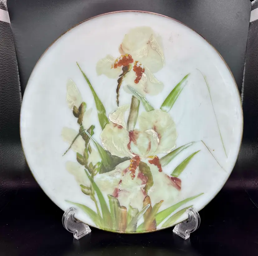 Antique Hand Painted Milk Glass Plate Gold Painted Trim