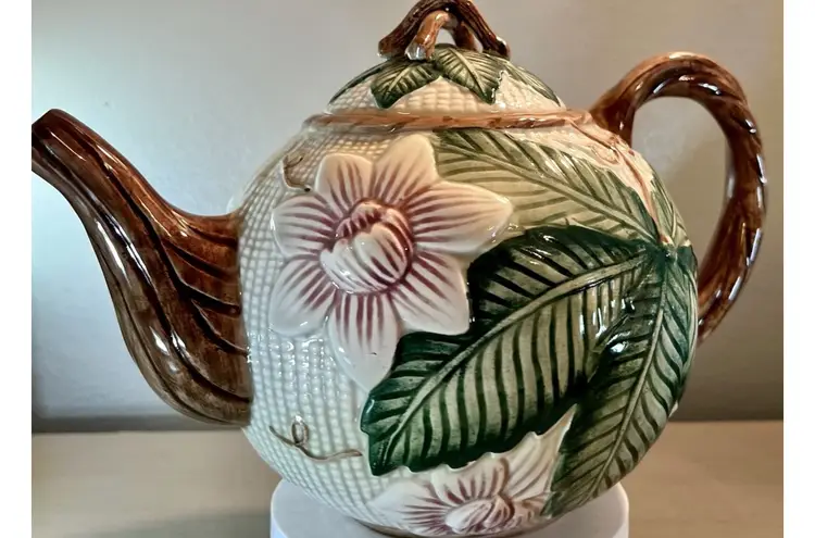 Vintage 1989 Fitz & Floyd Hibiscus Teapot Coffee Pot, By Fitz & Floyd, Made in Korea