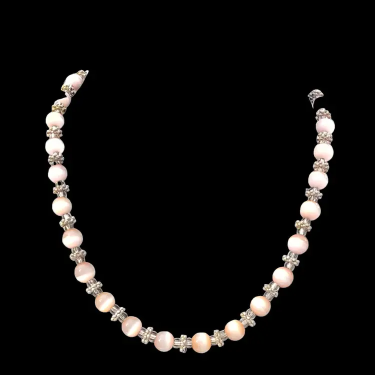 Vintage Pink Cats Eye Glass Necklace Silver Tone Rondelle Wheels Dainty Sweet