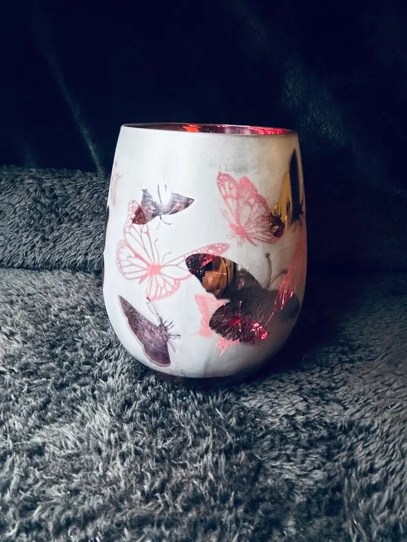 Pink Butterfly Stemless Wine Glass
