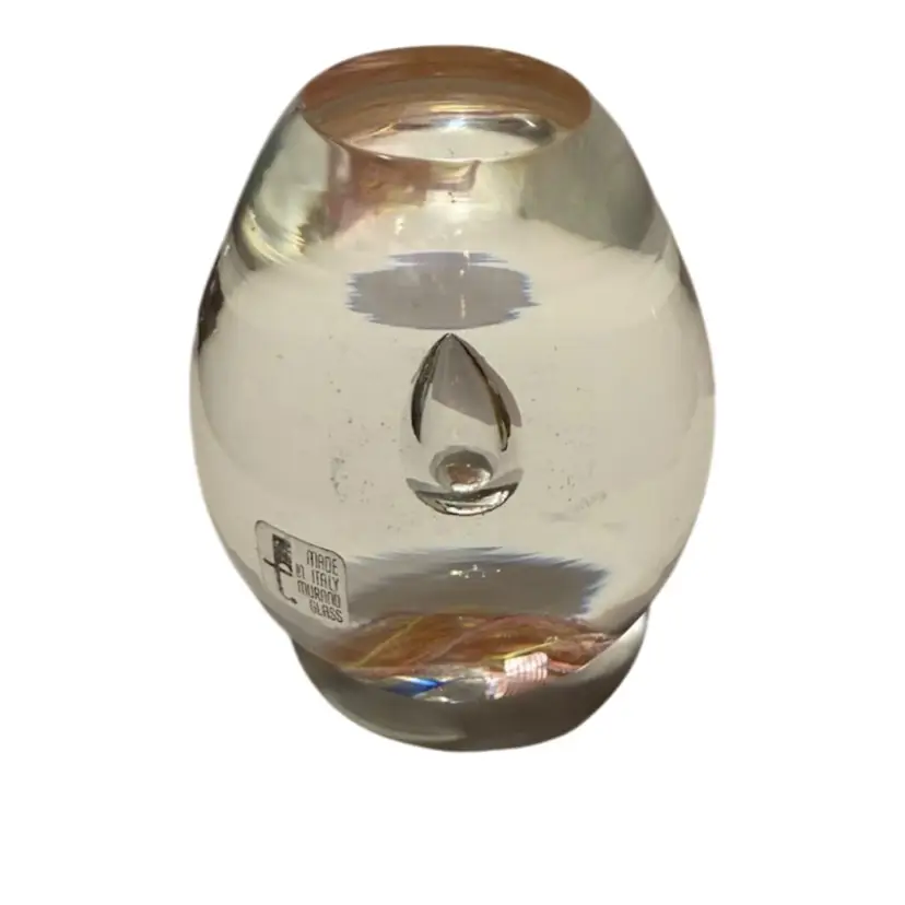 Unusual Vintage Murano Magnum Paperweight / Flat Cutaway Top, Floating Controlled Bubble, Scrambled Varied Multi-colored Latticino Base / Original Sticker / MCM