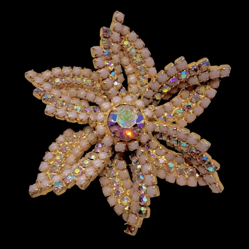 Hobe’ Goldtone AB glass Rhinestone  And Lavender Bakelite Bead Brooch