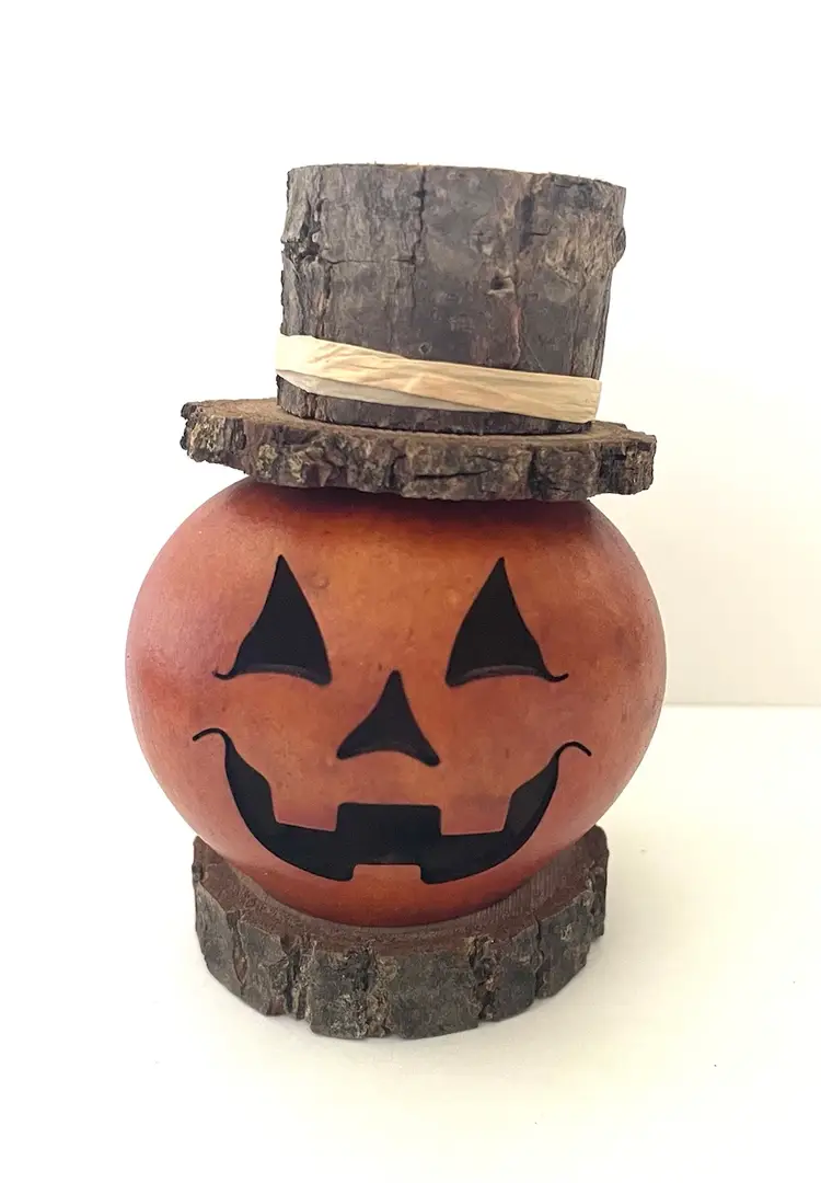 Pumpkin Jack O Lantern Carved Gourd. Whimsical Halloween Decor No