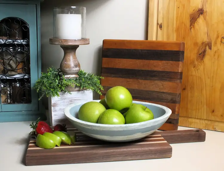 Vintage Distressed Wooden Duck Egg Blue & Creamy White Striped Dough Bowl