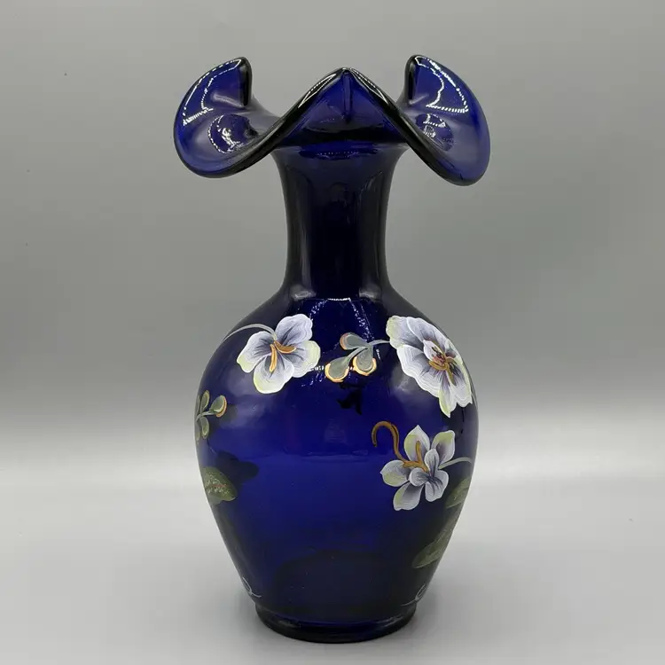 Fenton Royal Purple Blue Wild Orchids Connoisseur Vase 8557 VP 2003 Painted Flowers Signed