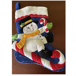 Completed BUCILLA Felt Stocking Snowman On Candy Cane Sequins VTG Christmas 3D