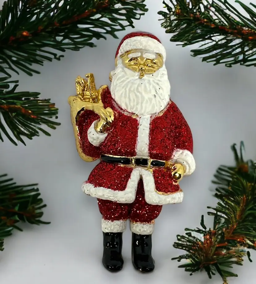 Large Vintage Santa Claus Brooch Pin Signed AJC Glitter Sparkle Carrying Toys