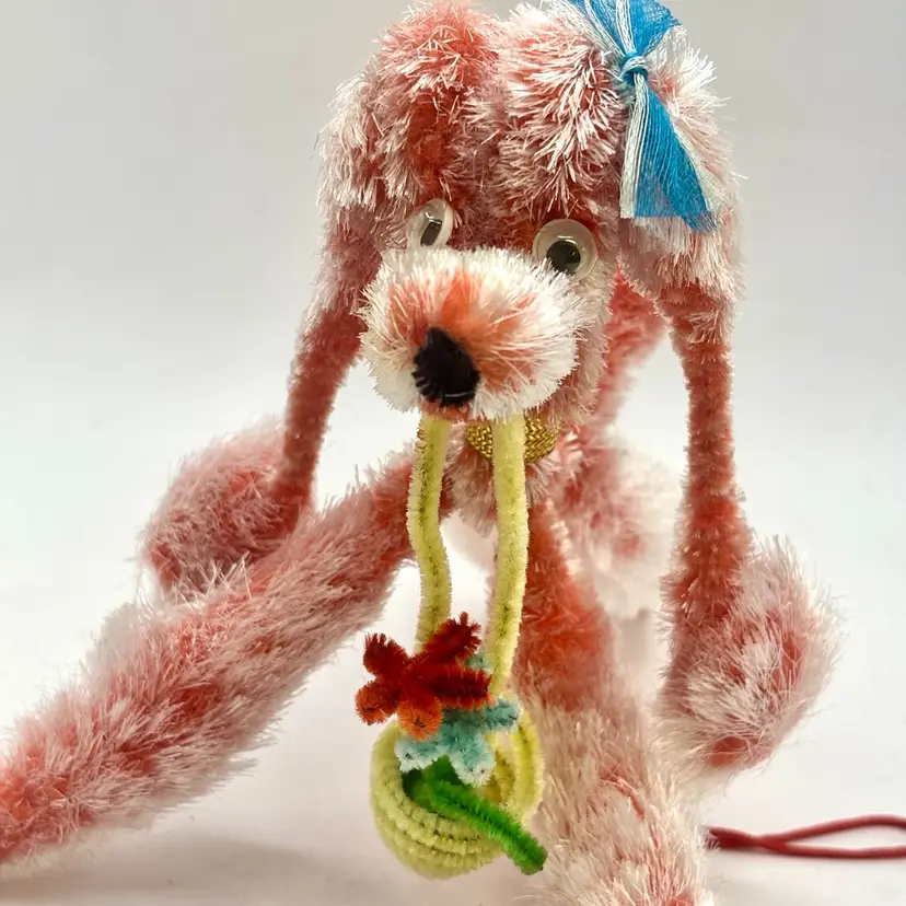 Vintage Chenille Pink Poodle with Flower Basket Ornament Japan 4.5”