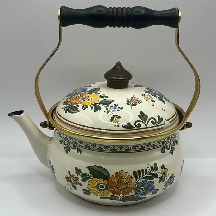 ASTA Enamelware Tea Kettle 1960s Amsterdam Teapot Brass Handles Floral - Germany