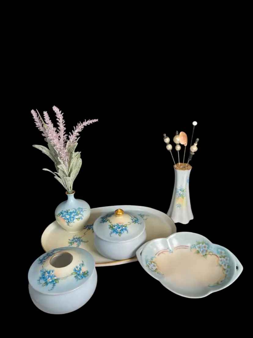 #01 "Forget Me Not"---Porcelain Vanity Set-Tray, Hair Receiver, Dresser Jar, Bud Vase, Hat Pin Holder, & Double Handled Trinket Dish-Beautifully Hand Painted w/ Forget Me Nots & Gold Painted Accents. Hat Pins & Lavender NOT Included.