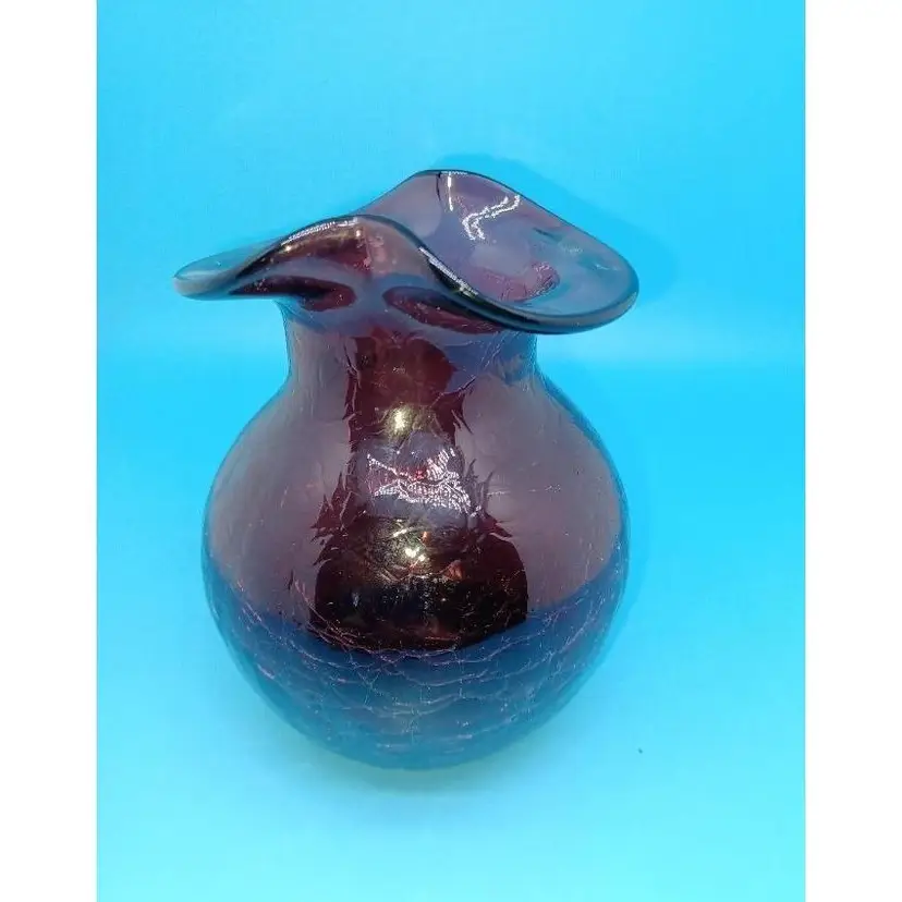 Vintage RAINBOW Hand Blown Glass CRACKLED Amethyst Purple Mini VASE 4.5"