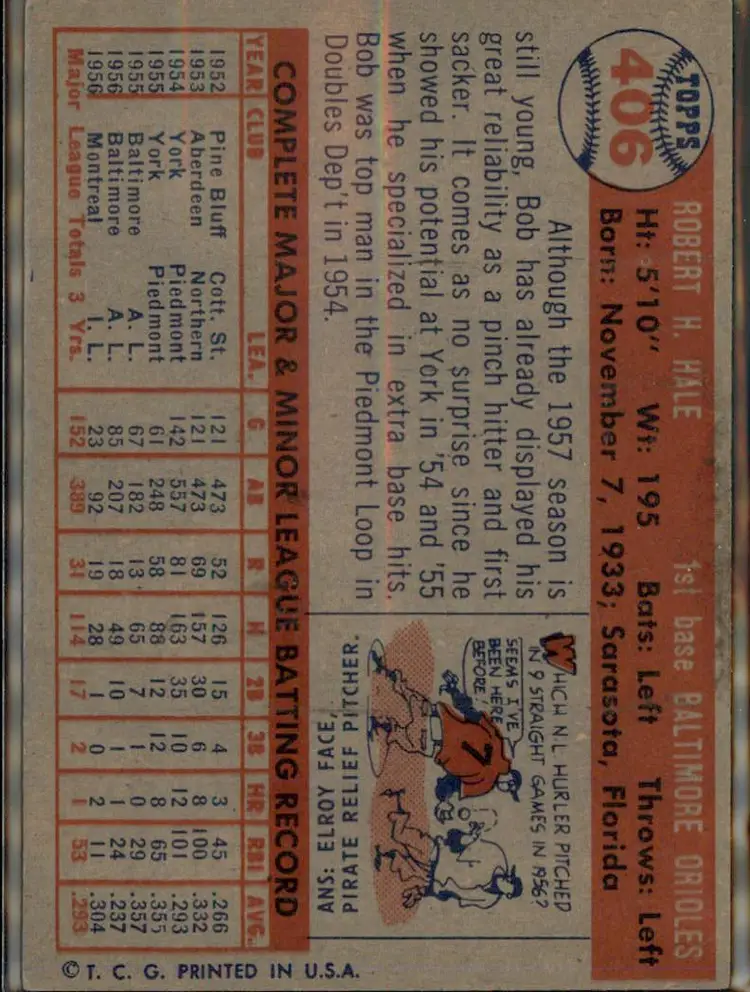 1957 Topps #406 Bob Hale - (pk1) - Baltimore Orioles