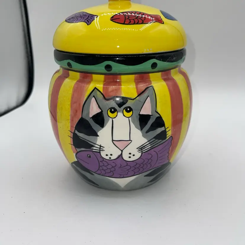 CATZILLA 2001 Candace Reiter Hand Painted Ceramic Cat Treat Jar w/Lid Retired