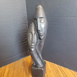 Vintage Black Ceramic Abstract Chalkware Lovers Statue  Intertwined Faces 13"