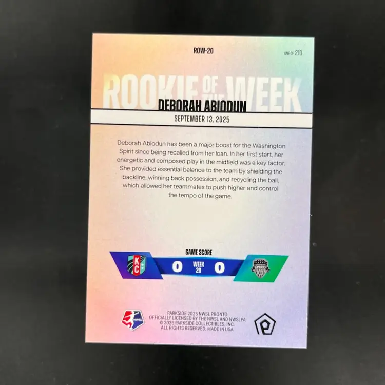 Deborah Abiodun 2025 NWSL Parkside Pronto Rookie Of The Week Subscriber Exclusive /210 Soccer Card #ROW20