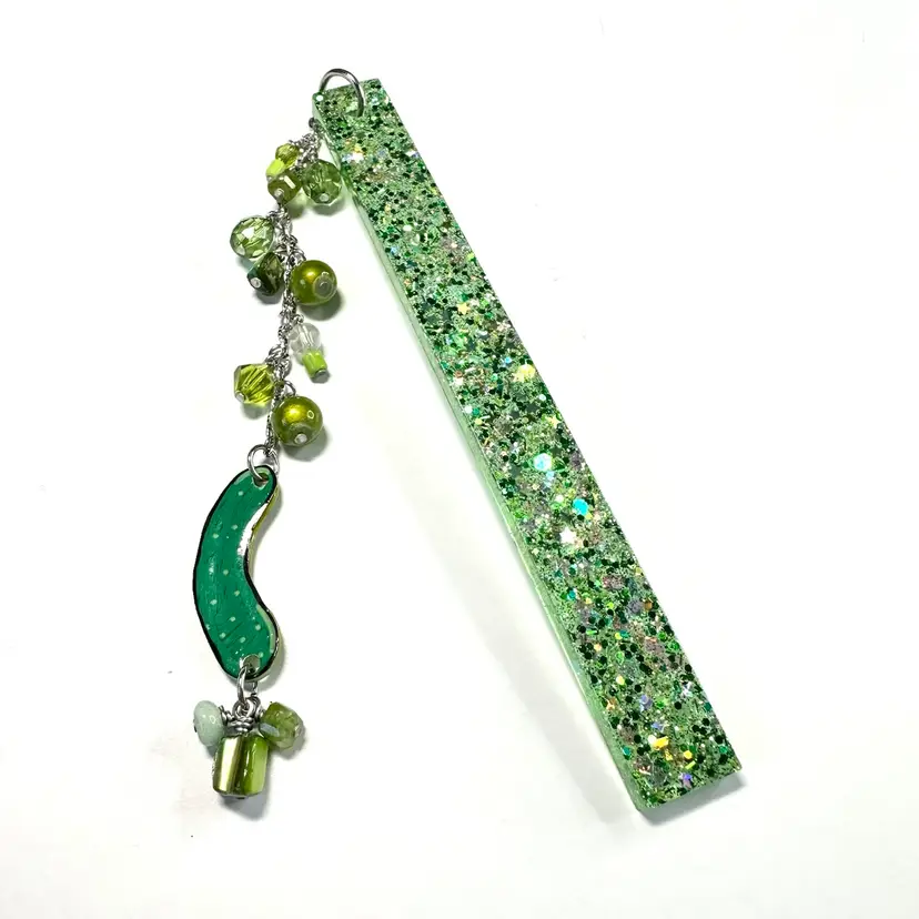 Pickle Green Beaded Dangle Resin Bookmark Green Glitter 5” Plus Dangle Handmade