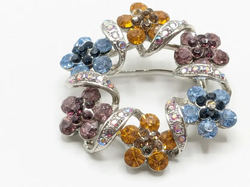 Floral Multicolor Rhinestones Round Silver Tone Brooch Pin