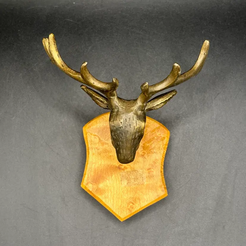Mini Mounted Brass Stag Deer Head On Wood Wall Hanging 4.75β