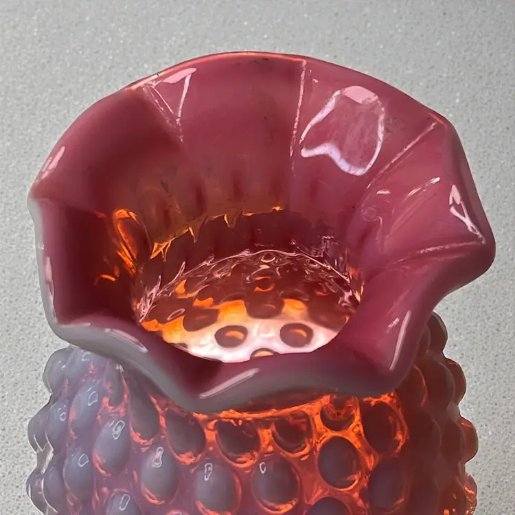 021 Fenton opalescence cranberry hobnail pink case footed mini vase 3.75" x 2.5"