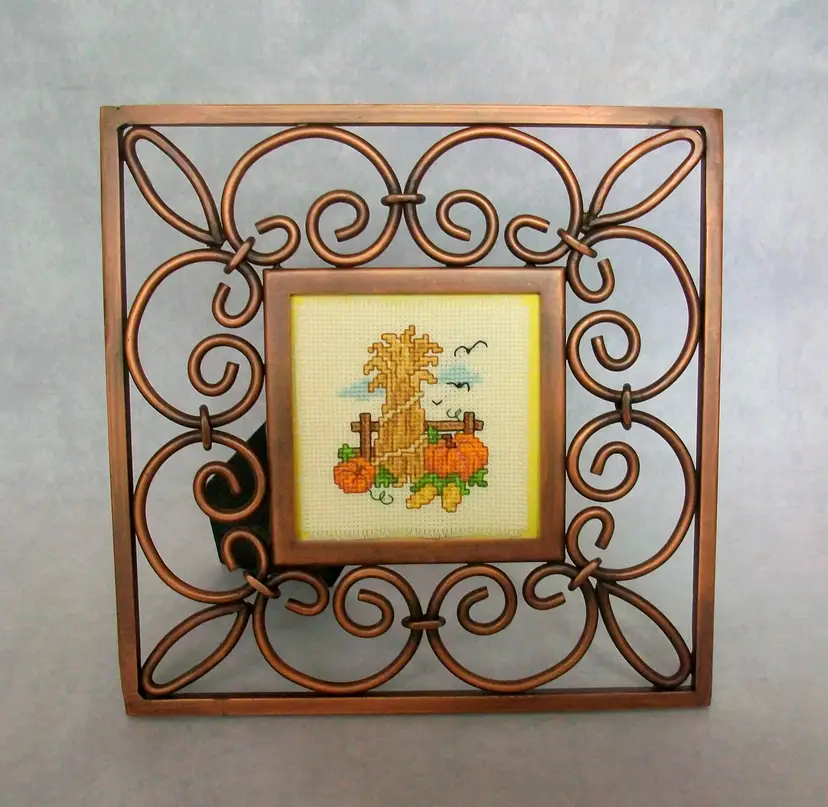 Fall Harvest Corn Stock Pumpkins Cross Stitch Sampler Framed Artwork Table Top-Wall Decor Country Core 7.5"x7.5"