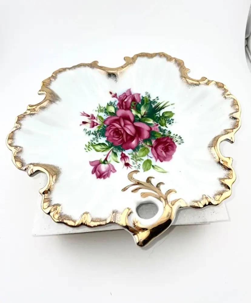 Vintage Porcelain Rose Pattern Candy Dish Gold Trim Ruffled Edges Made in Japan 8" x8"
