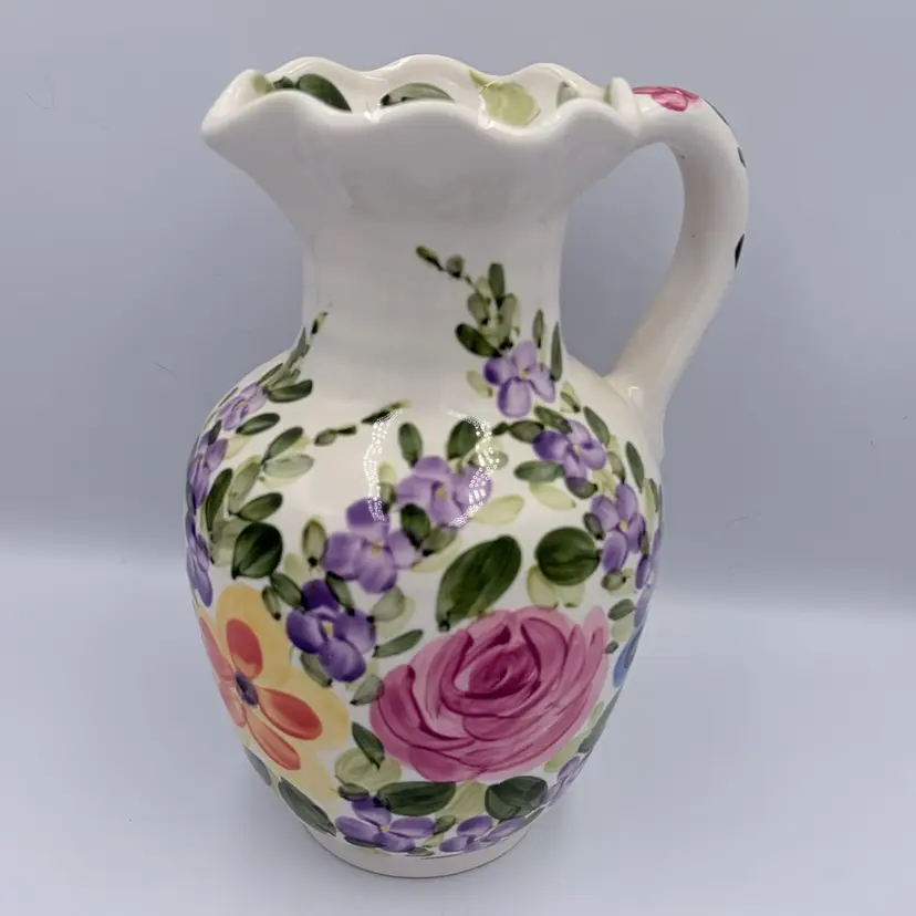 Tabletops Unlimited Mariam’s Garden Hand Painted Floral Pitcher 10"H
