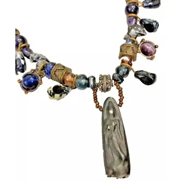 Chicos Mexican Necklace Black Cord Colorful Pendant w/ Rhinestones Beads