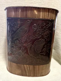 Metal Oval Trash Can Blue Jay Bird Copper Relief Faux Wood Rolled Top Weibro Vtg