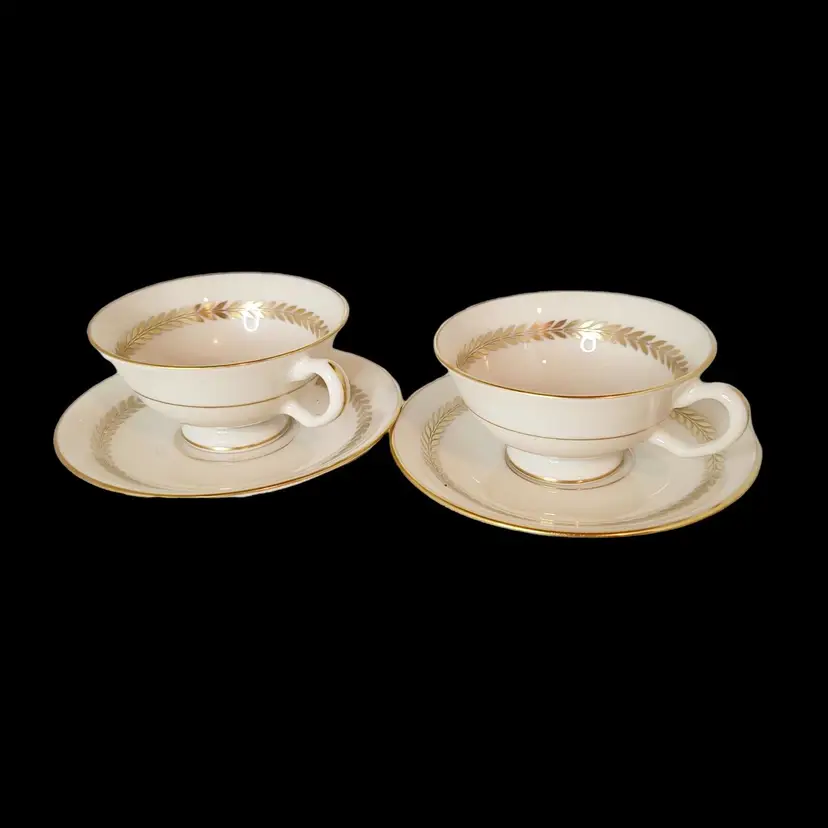 Vtg Set of 2 LENOX Imperial Ivory China Gold Laurel Trim Tea Cup Saucer Green