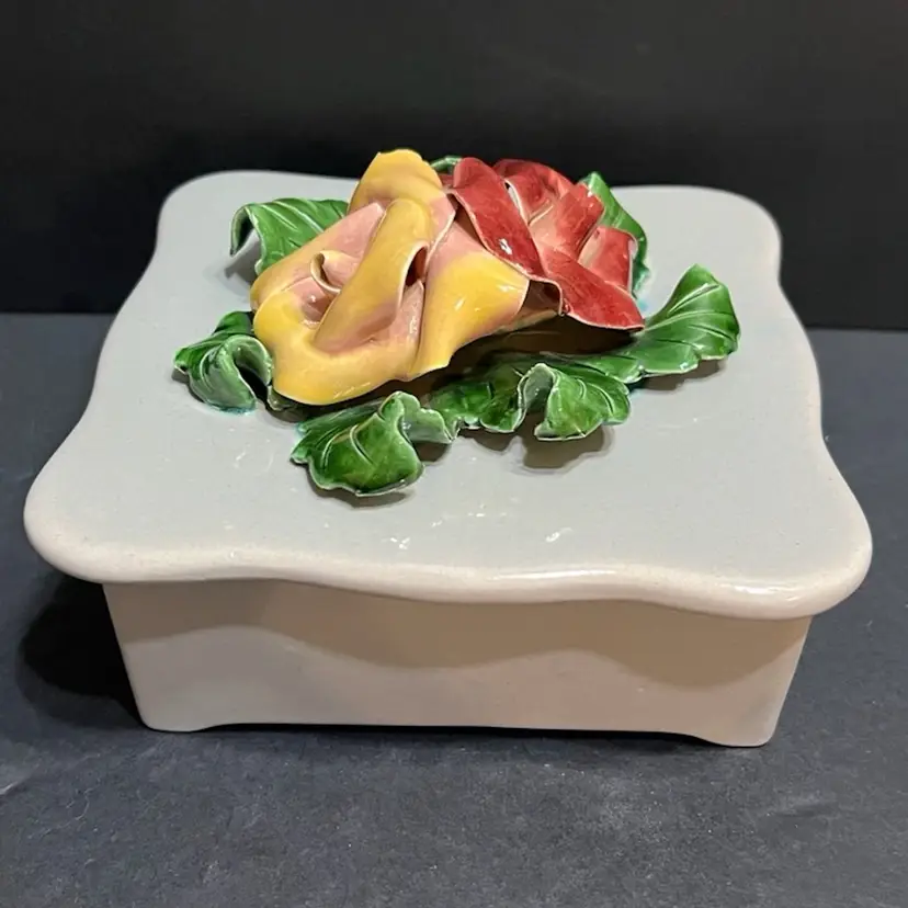 Johannes Brahm California Pottery Roses Gray Vintage Trinket Box ~4” x 6.5” x 6.5”