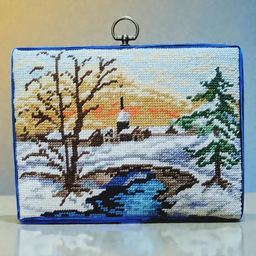 Vtg Needlepoint Country Winter Snow Evergreen Scene Velvet Ribbon Completed OOAK