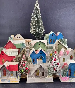 Set Of 11 Vintage Putz Houses Churches Beaded Bottle Brush Trees Japan