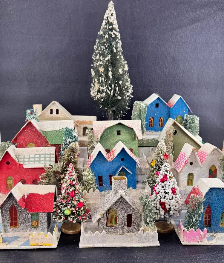 Set Of 11 Vintage Putz Houses Churches Beaded Bottle Brush Trees Japan