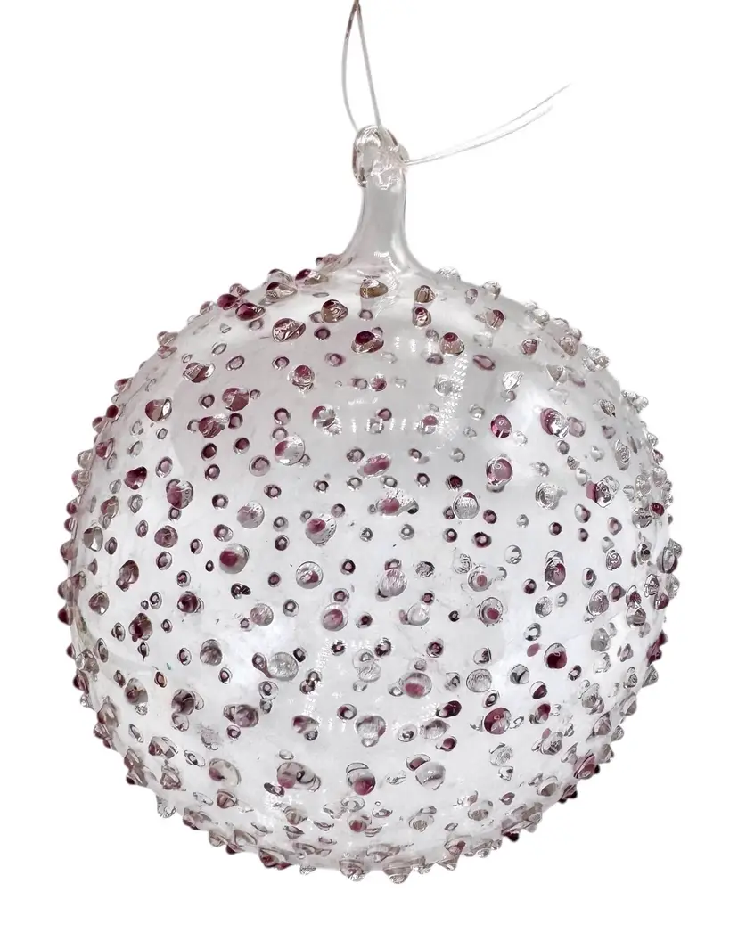 Blown Art Glass Christmas Holiday Ornament Clear Pink Frit Textured Bumpy Orb