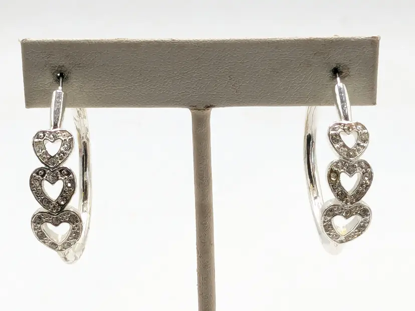 Avon Silver Tone Heart Hoop Earrings with Rhinestones