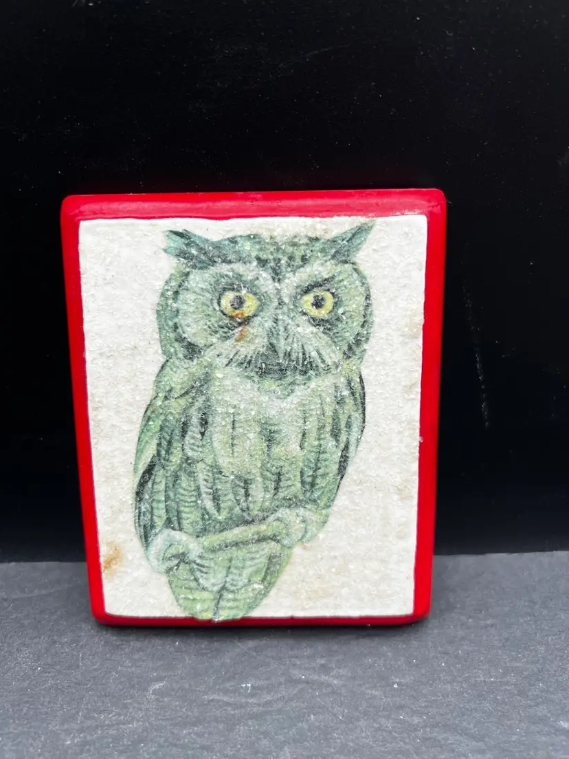 #513B Vintage Chalkware Plaque with an Owl Picture Trimmed in Red with a Sugared Surface Finish