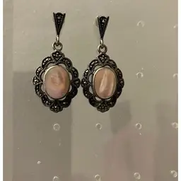 Vintage Sterling Silver Pink Mother of Pearl & Marcasite Pierced Earrings