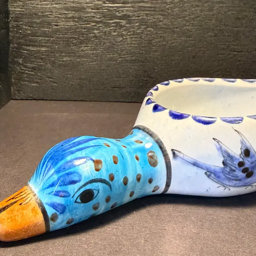 Vintage CAT Tonalá Mexican Folk Art Duck Planter – Hand-Painted Blue Bird & Butterfly