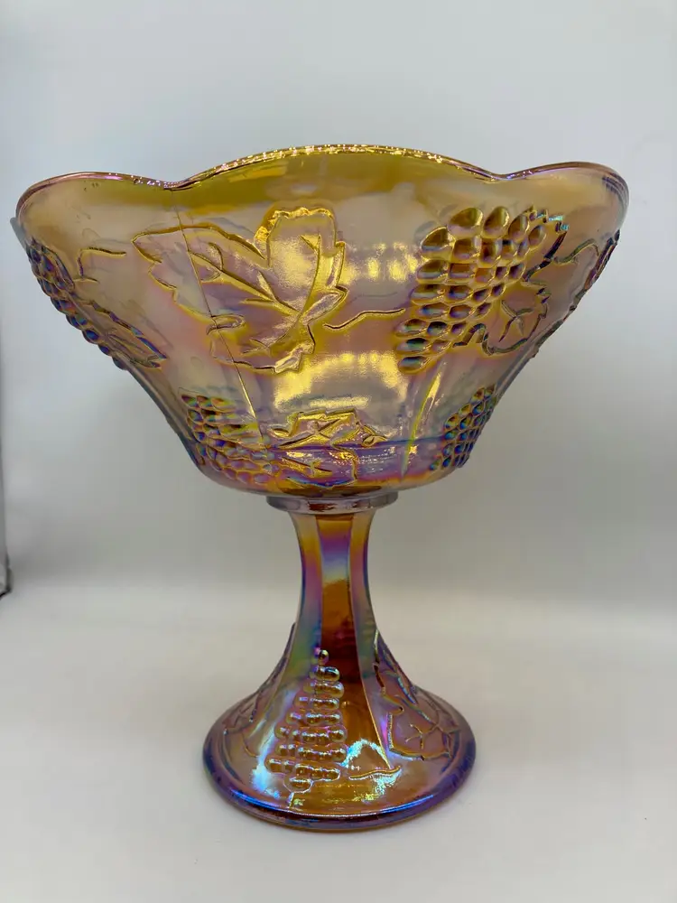 Vintage Carnival Glass Dish Marigold Indiana Glass Amber Footed Fruit Bowl