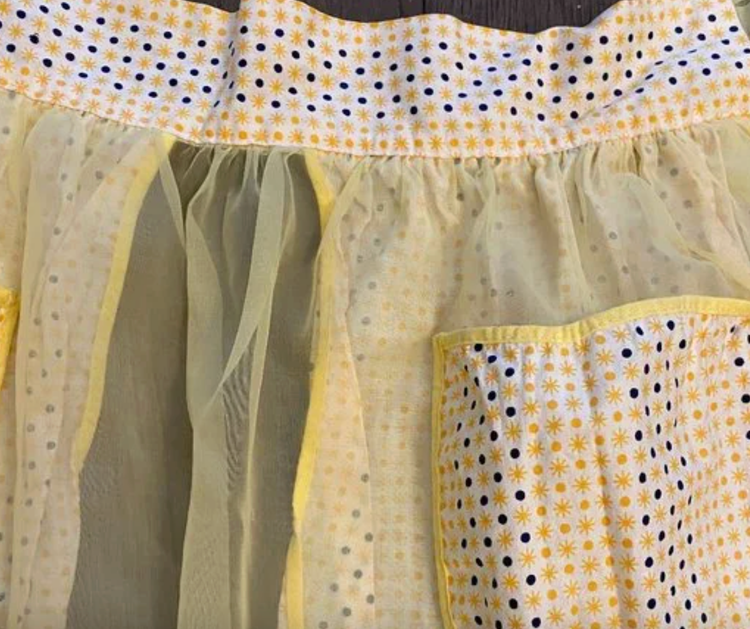 Vintage White and Yellow Sheer Cotton Fabric Apron