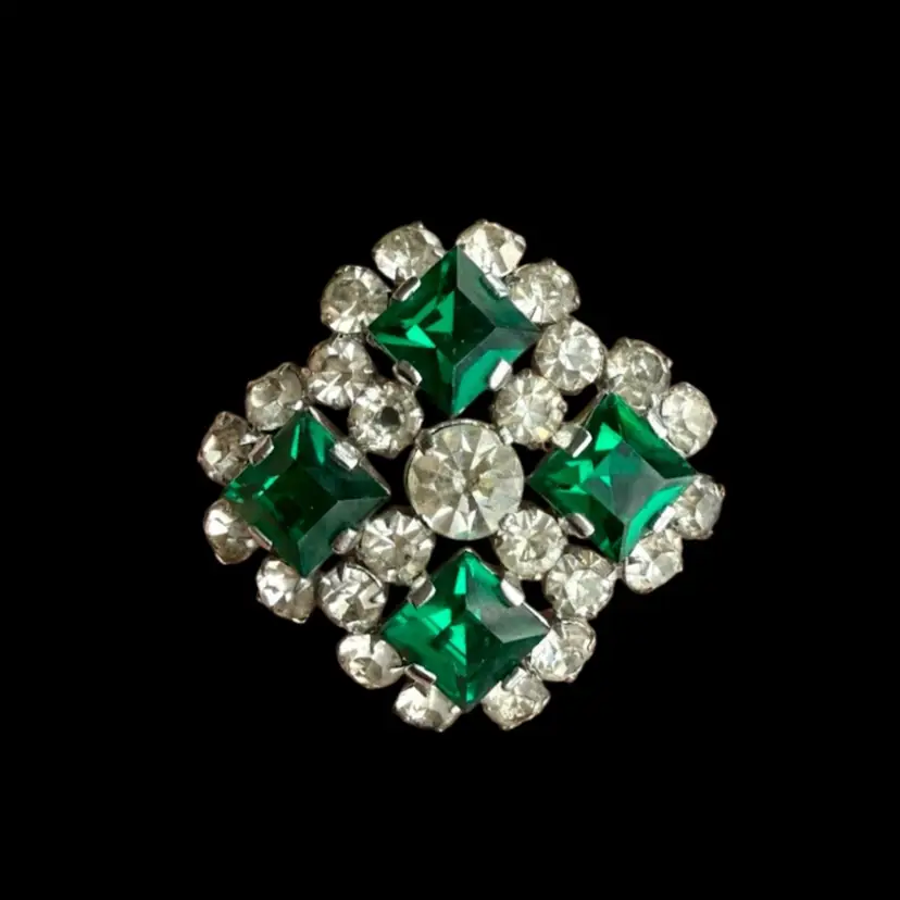 Vintage MCM Silver Tone Emerald Clear Colored Brooch, C. 1930-50