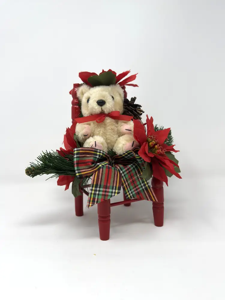 Red Plaid Christmas Bear Chair – 8.5” Plush Holiday Decoration with Poinsettias, Country Cottage Style (c.1988–1995)
