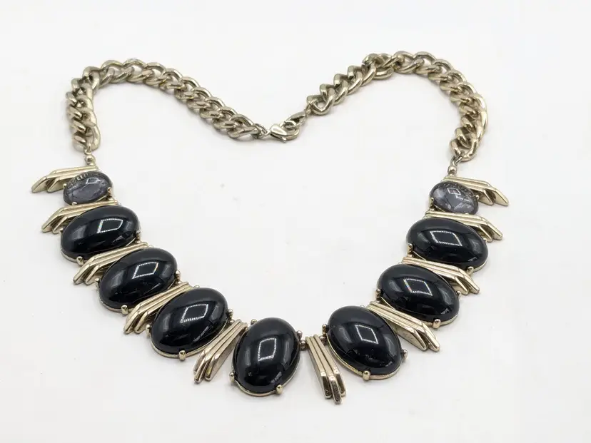 Chunky Silver Tone Black Glass Statement Necklace