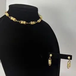 Vintage Gold Tone Twist Medal with White Bead Necklace & Clip on Earrings Set