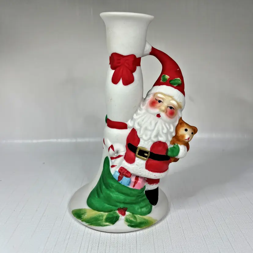Giftco Christmas Santa Candle Holder Holiday Teddy Bear Made Taiwan Vintage