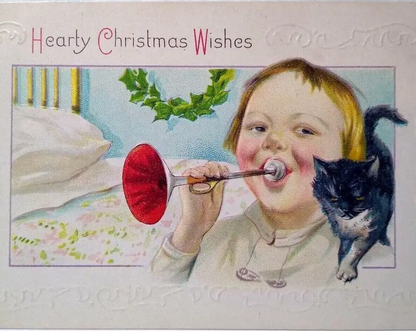 Christmas Postcard Child Blows Horn Black And White Kitten Cat Stecher 338 C