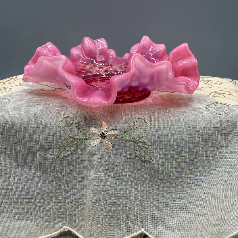 🐞 Vtg Fenton Cranberry Opalescent Hobnail Ruffled Bonbon Candy Dish