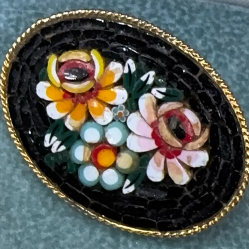 Vintage Micro Mosaic Oval Brooch Pin Floral