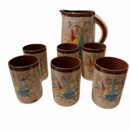 Vintage Nasco Del Coronda Japan Hand Painted Pitcher and 6 Cups